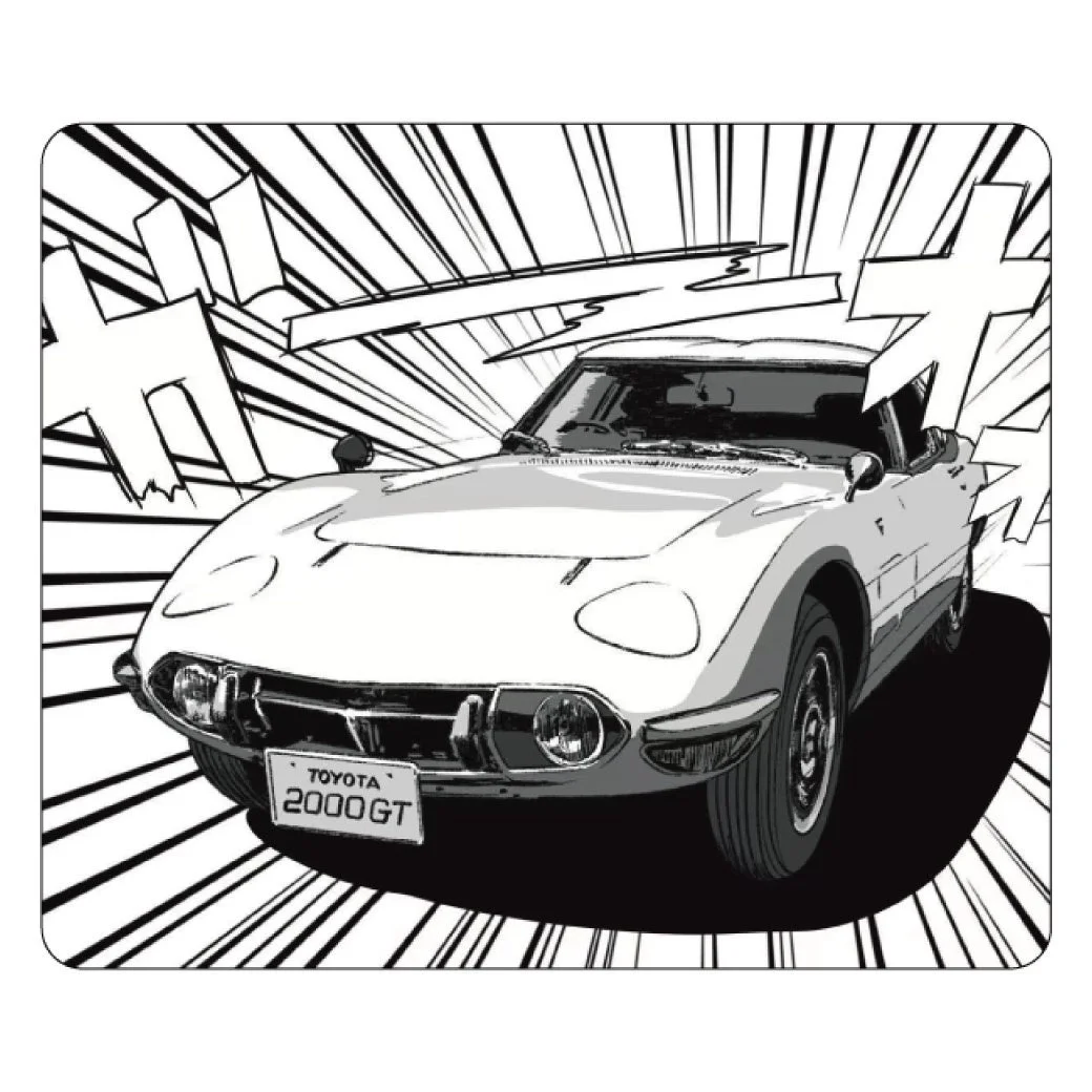 モノクロの漫画風イラストで描かれた白いトヨタ2000GTスポーツカー