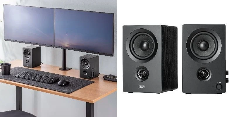 PCデスクに設置された「400-SP122」スピーカー