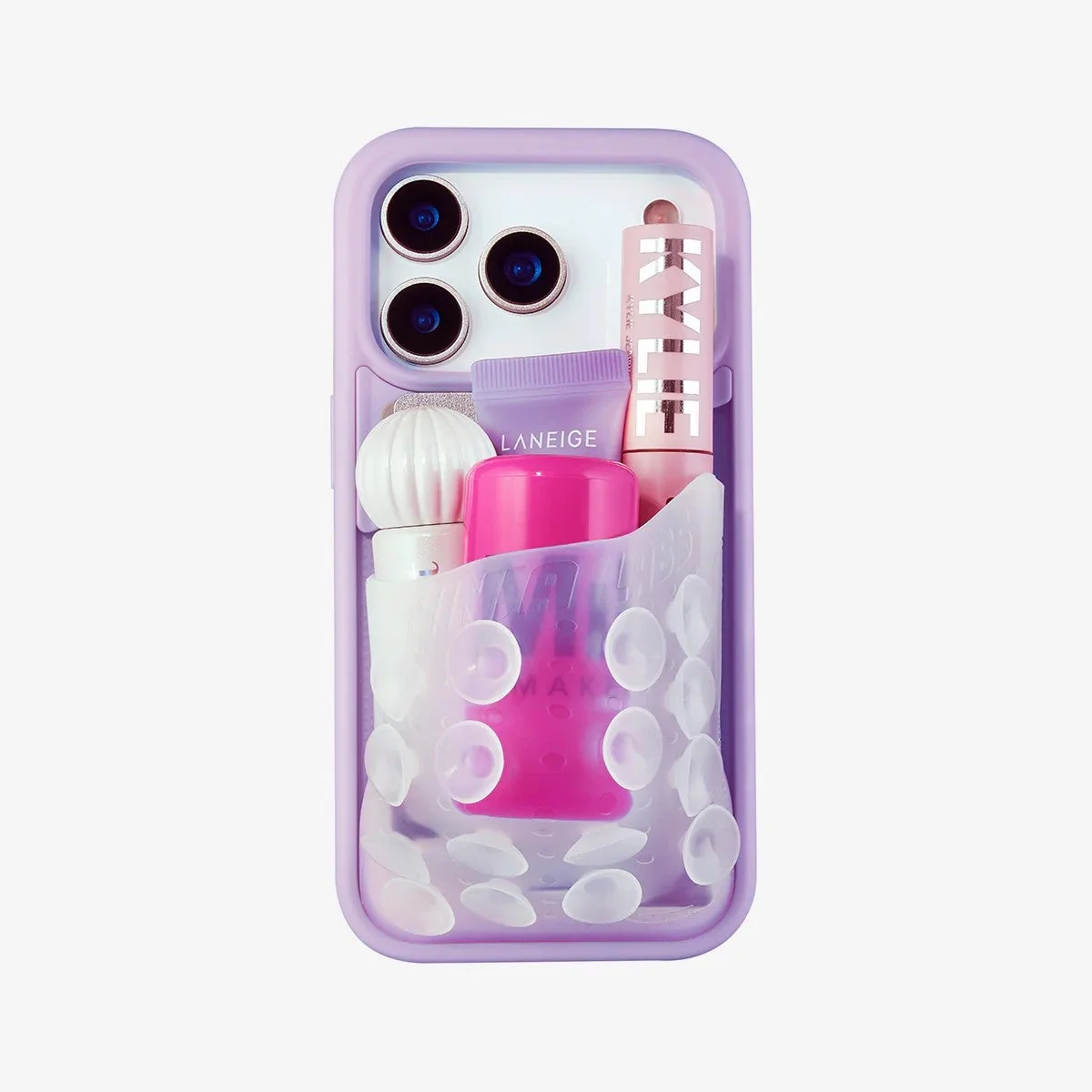 紫のクリアポーチにコスメ