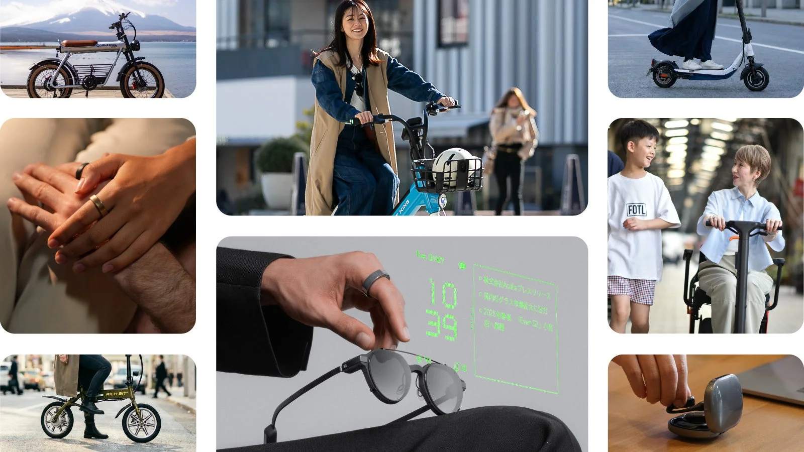 電動自転車、電動スクーター、スマートリング、スマートグラス、ワイヤレスイヤホンなど、様々な最新テクノロジー製品とそれらを楽しむ人々の姿