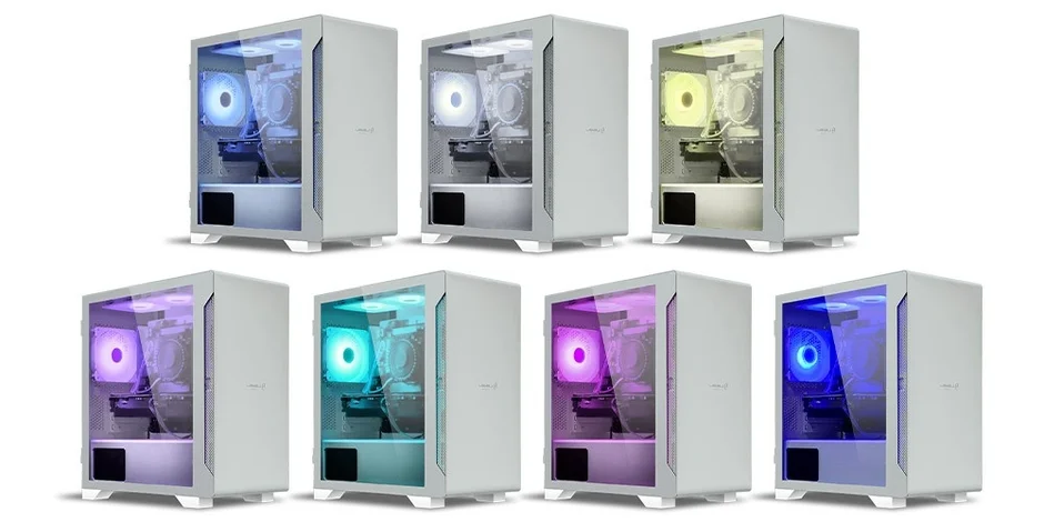 8台の白いPCケースが並べられており、それぞれのケース内部のファンが異なるRGBカラーで鮮やかに光っています。