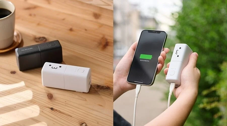 2ポート・5,000mAhモデルのモバイルバッテリー使用イメージ。黒と白のバッテリー、スマホ充電