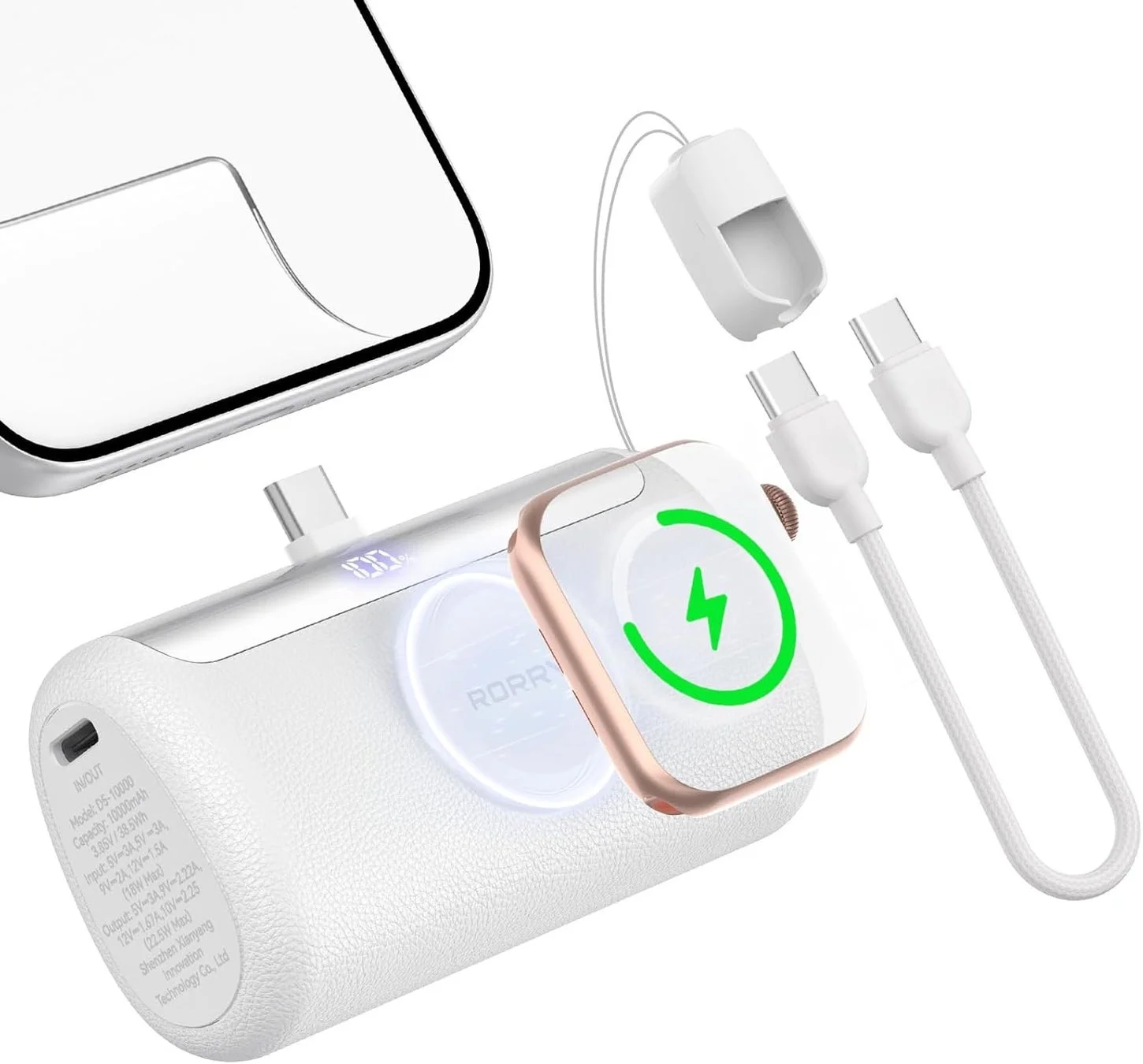 モバイルバッテリーとデバイスの充電風景、スペック表示