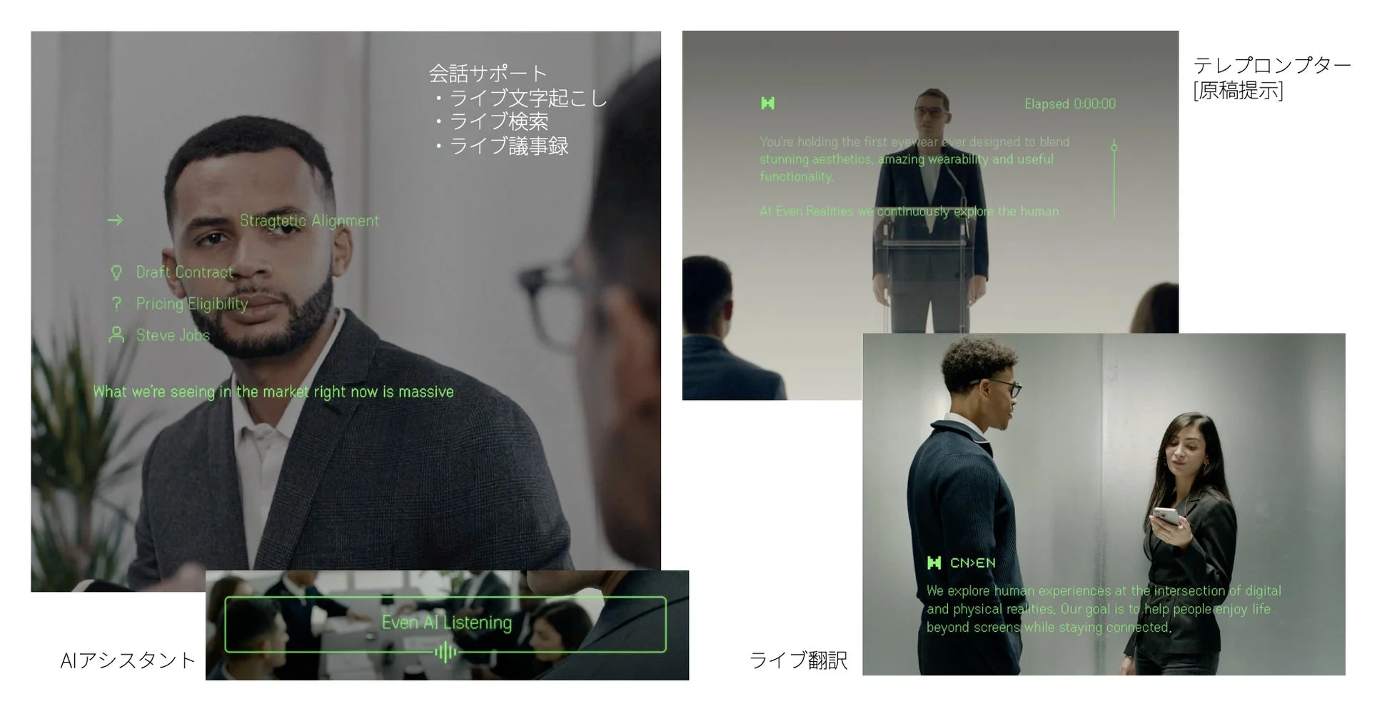 AIアシスタント、ライブ文字起こし、テレプロンプター、ライブ翻訳など、AIとARを活用した多様なビジネスシーン