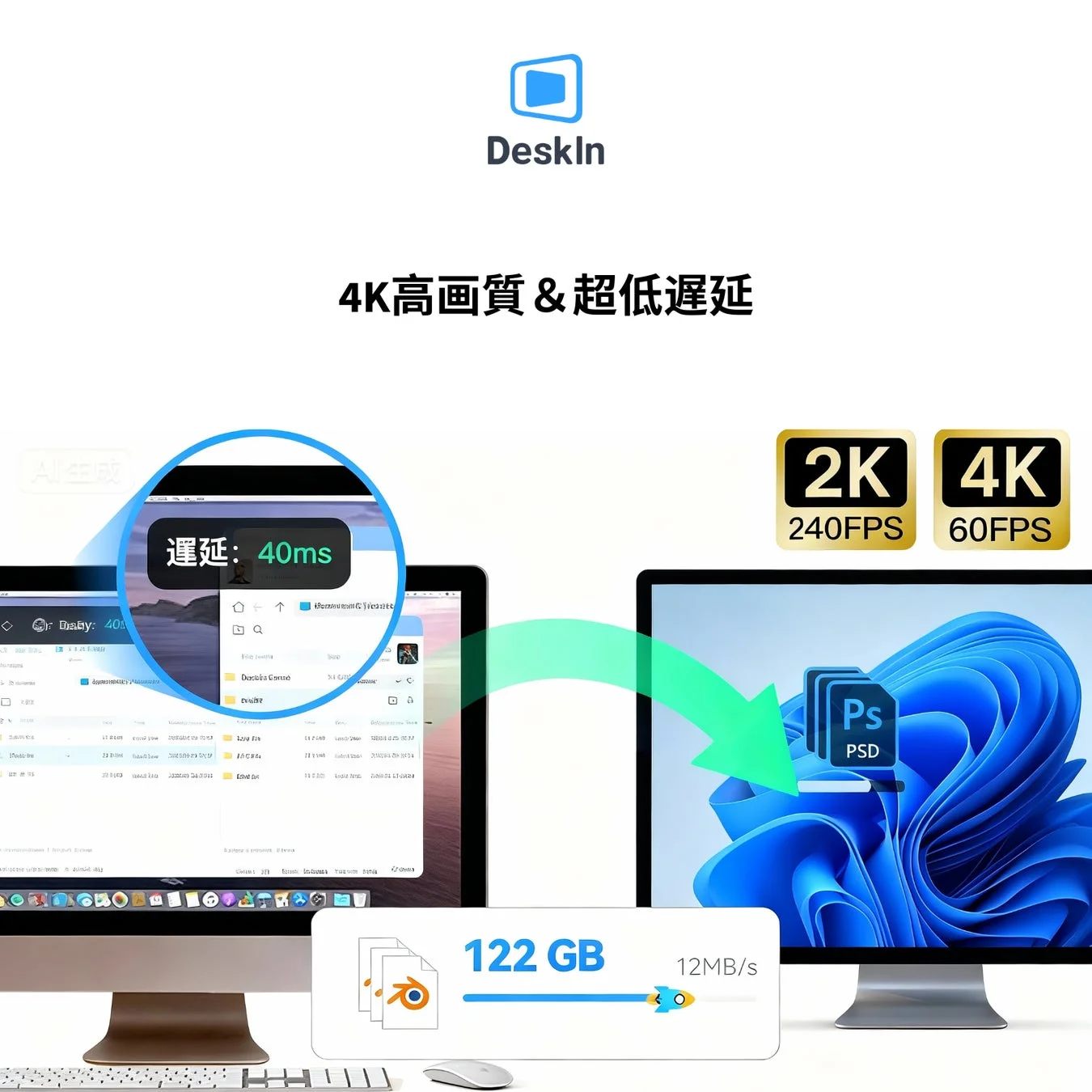 Desklnというサービスが、4K高画質と超低遅延（40ms）でPC間のデータ転送やリモート操作を可能にすることを示す画像