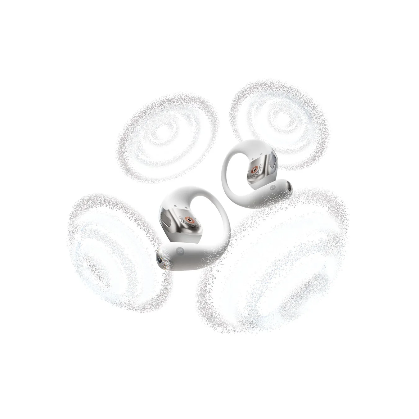 白いワイヤレス耳掛け型イヤホン2つ