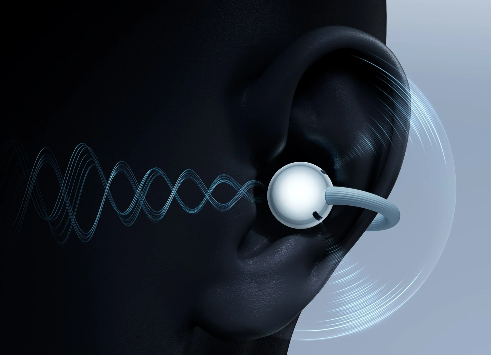 耳に装着されたイヤホンと青い音波のイラスト