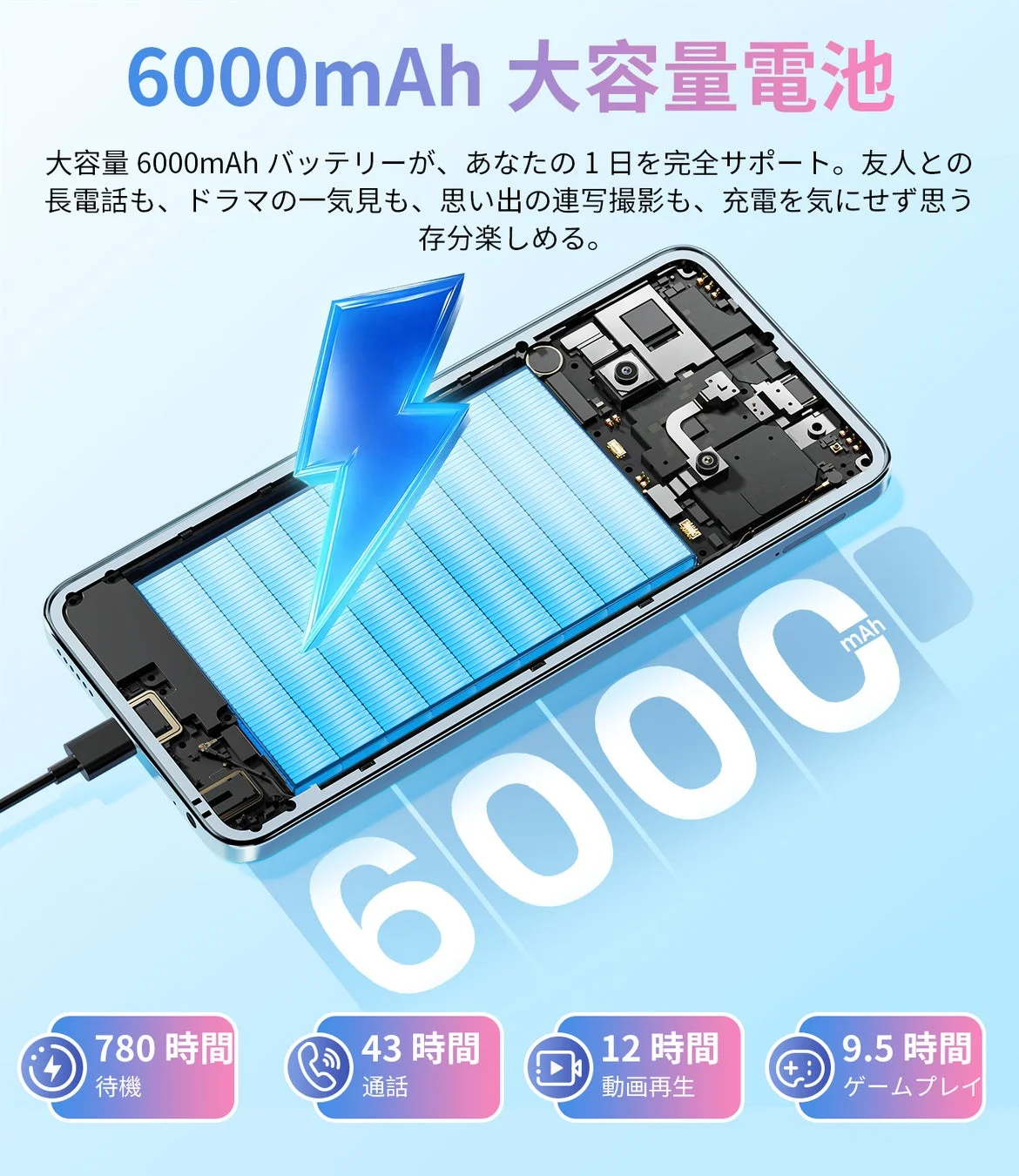 6000mAh大容量バッテリーのイメージ