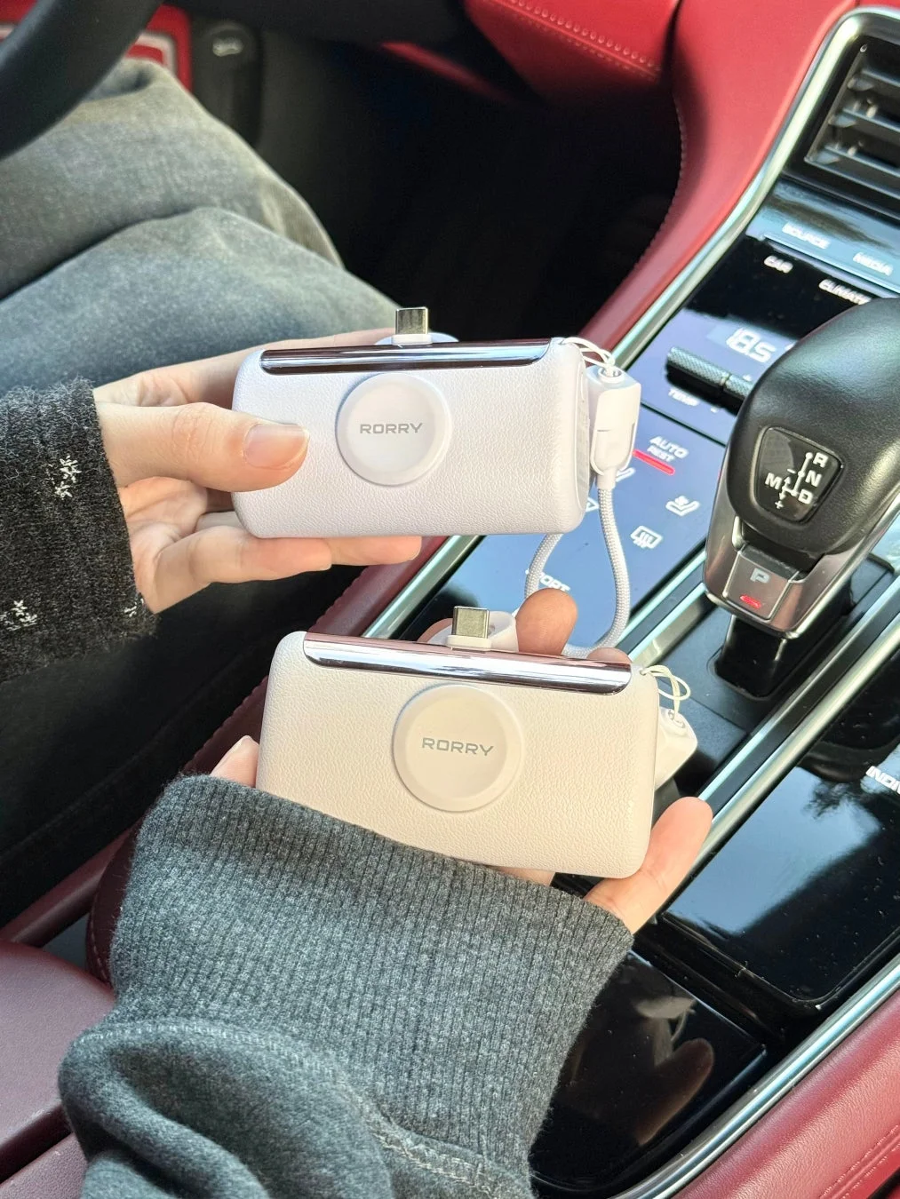 車の内装で充電器を持っている様子