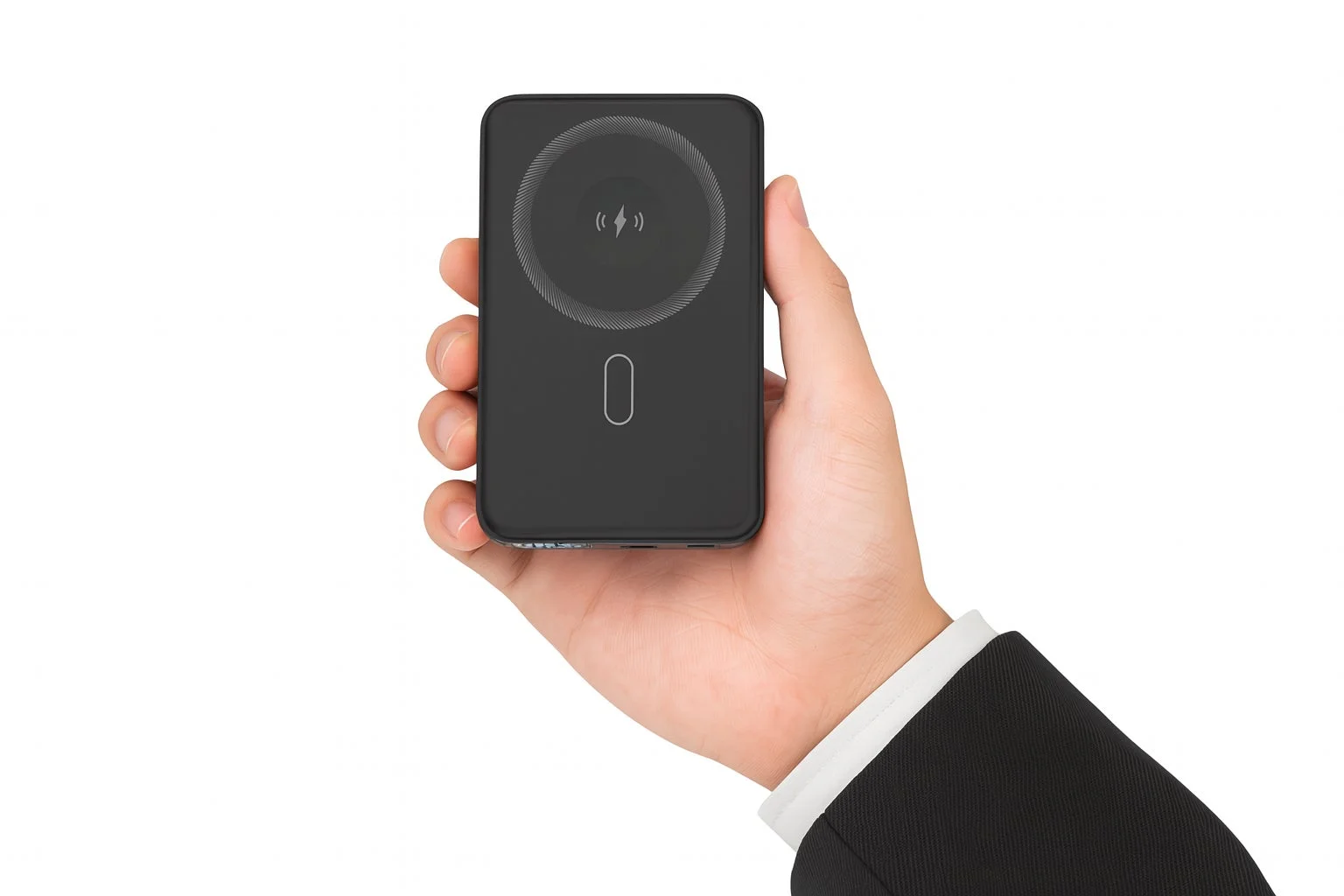 ワイヤレス充電対応の黒いモバイルバッテリー