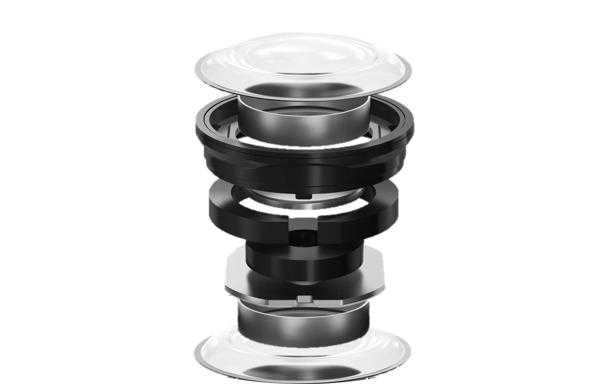 分解図のようなメカニカル部品の3Dレンダリング