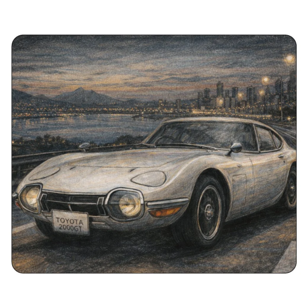 夕暮れ時、街の夜景と水辺を背景に、伝説的なクラシックカー「トヨタ2000GT」が描かれたイラスト