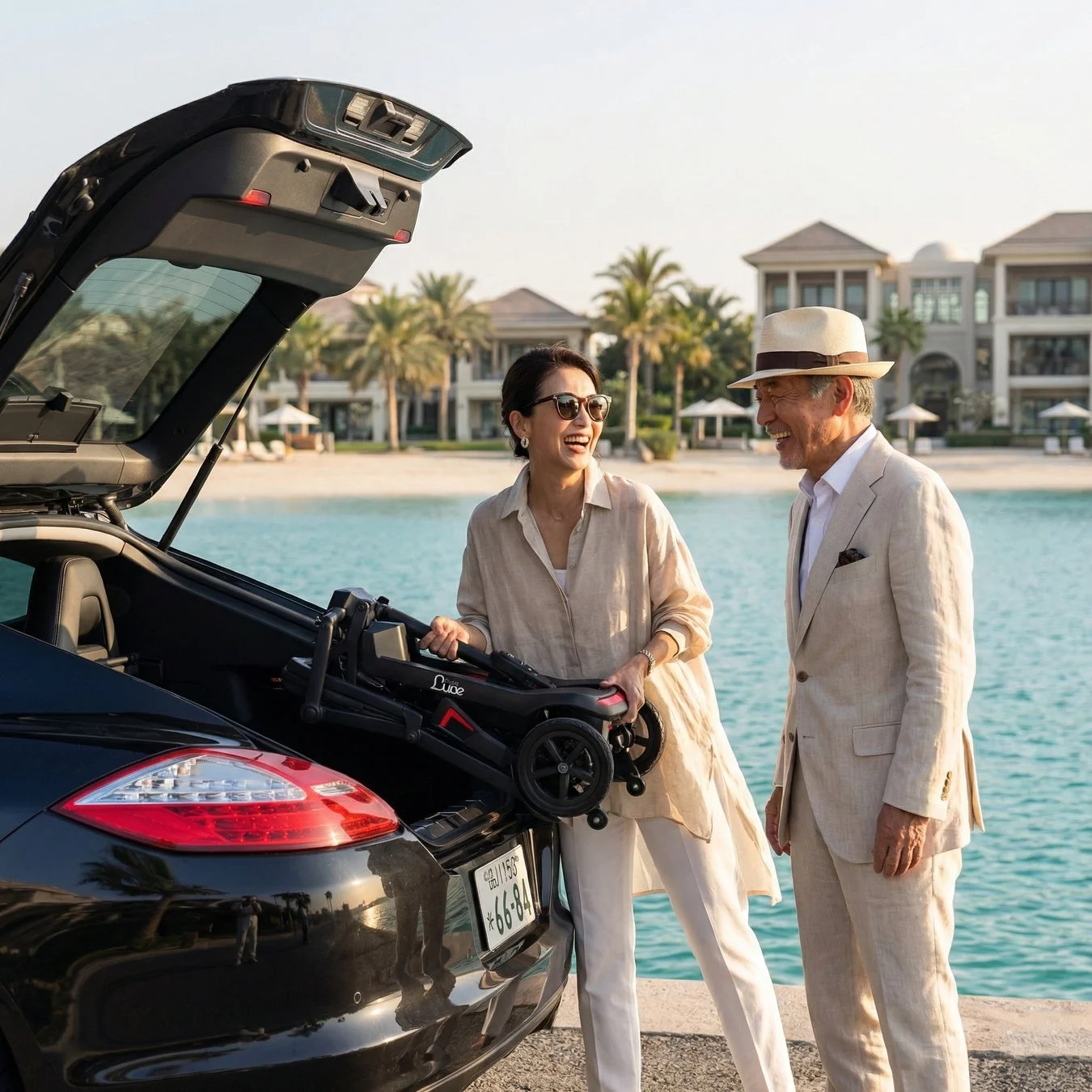 夫婦が高級車のトランクに折りたたみ式の移動機器を積んでいる