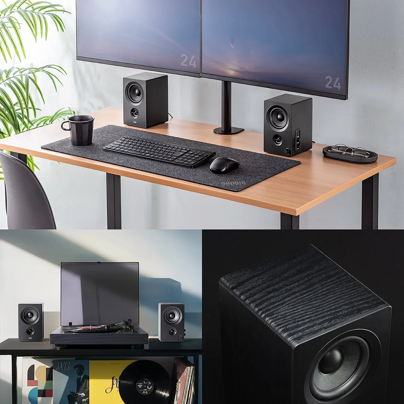 PCモニターとスピーカー、ターンテーブルが設置されたデスク