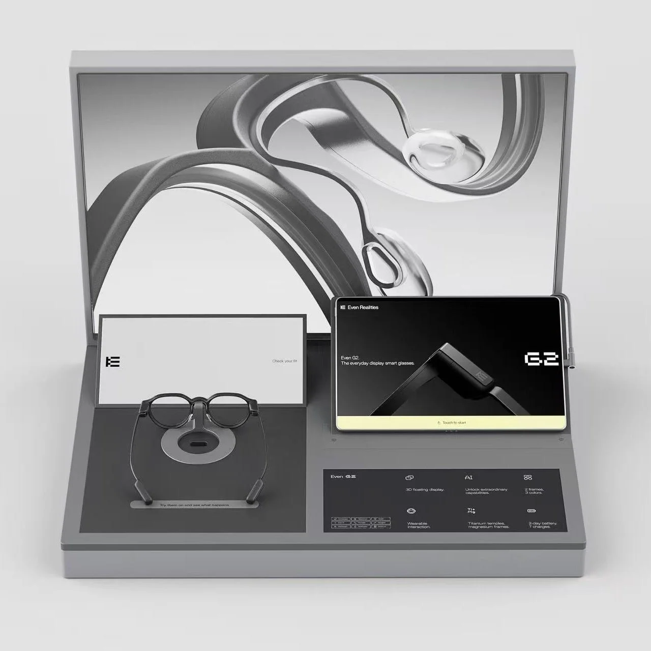 スマートグラス「Even G2」の洗練された展示ディスプレイ