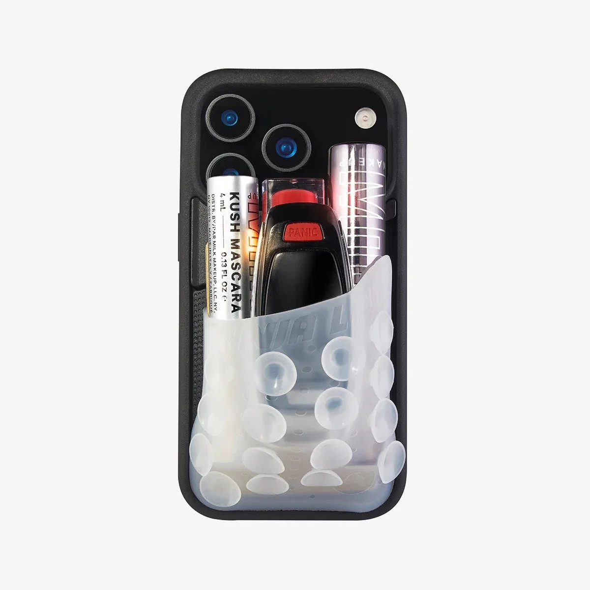 黒いクリアポーチにマスカラと鍵