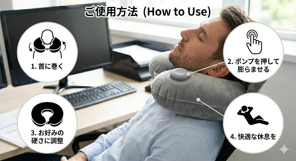男性がネックピローを使用し、使用方法が書かれている