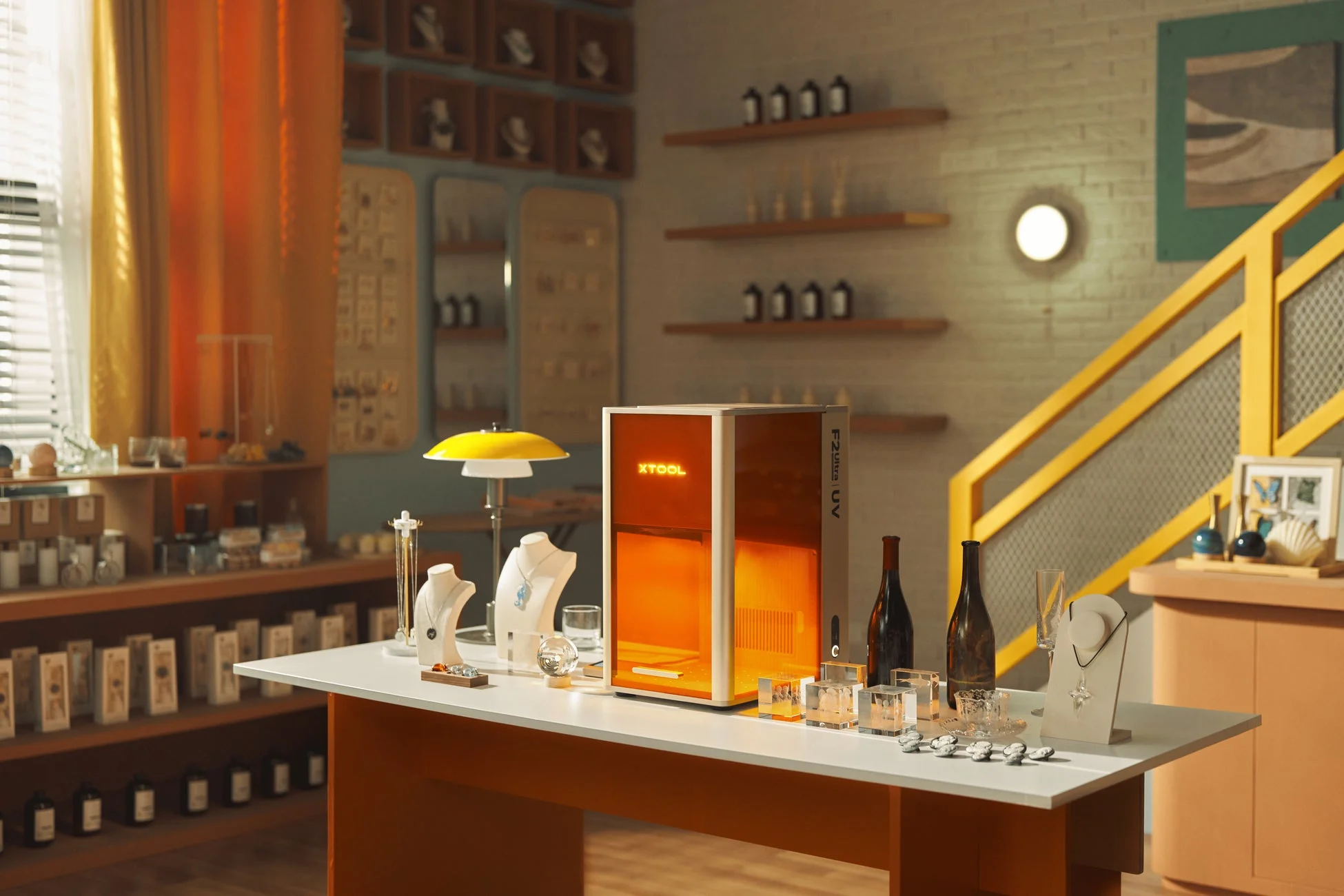 XTOOL F2 Ultra UVと書かれたオレンジ色の機械が中央に置かれた、モダンな雰囲気の店内ディスプレイの画像