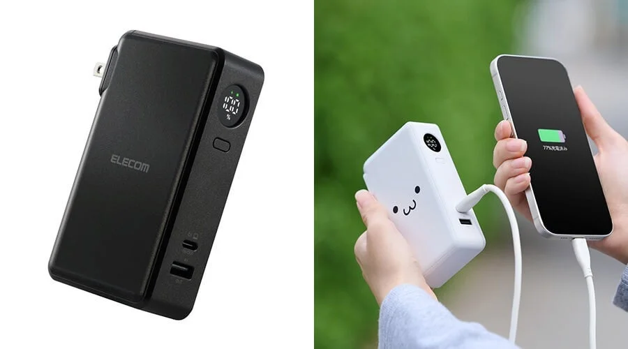 2ポート・10,000mAhモデルのモバイルバッテリー使用イメージ。黒と白のバッテリー、スマホ充電