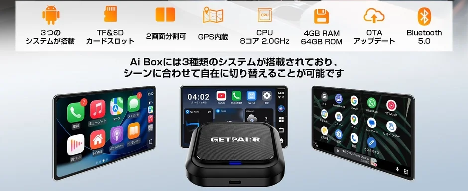 Ai Box、車載システム、Android Auto、Apple CarPlay、マルチシステム、GPS、Bluetooth、大容量ストレージ、高性能CPU、2画面分割、OTAアップデート、カーナビ、エンターテイメントシステム、スマートフォン連携