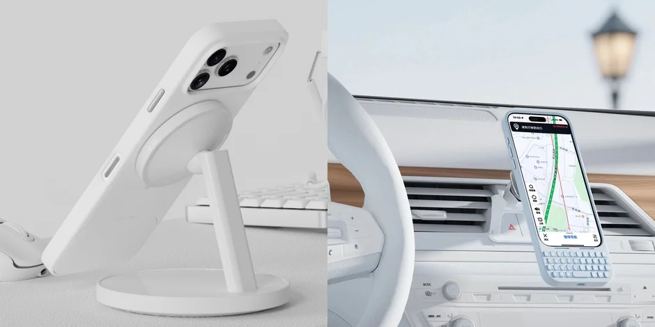 マグネット装着のイメージ、スマホスタンドとカーナビ