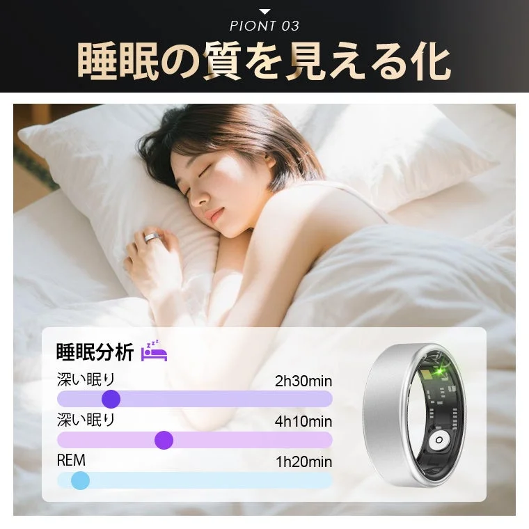 スマートリングを装着して眠る女性が描かれており、睡眠の質を可視化するコンセプトを示しています。睡眠分析のグラフでは深い眠りやREM睡眠の時間が表示され、リングが睡眠トラッキングデバイスであることを示唆しています。