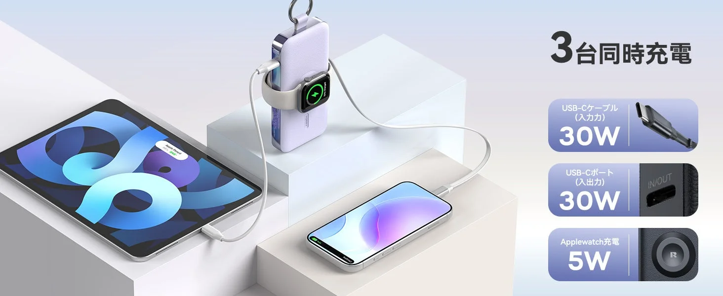 3台同時充電 USB-Cケーブル (入力) 30W USB-Cポート (入出力) IN/OUT 30W Applewatch充電 5W