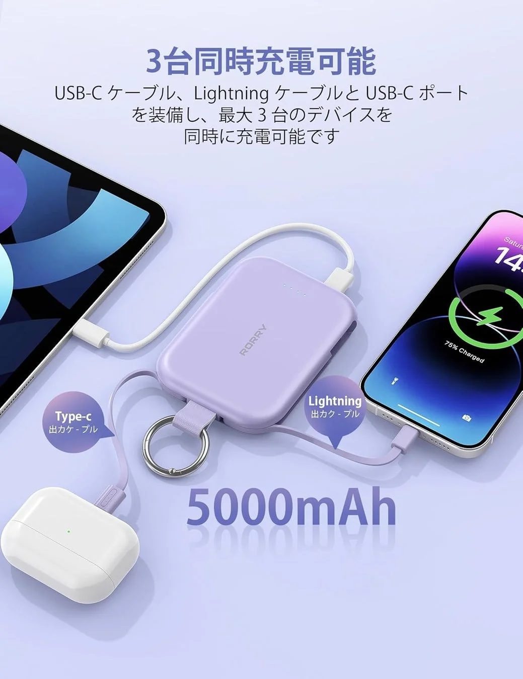 パープルカラーのRORRY製モバイルバッテリーが、USB-CとLightningケーブル、USB-Cポートを使い、iPad、iPhone、AirPodsの3台のデバイスを同時に充電している様子。容量は5000mAhで、持ち運びに便利なキーリング付きです。