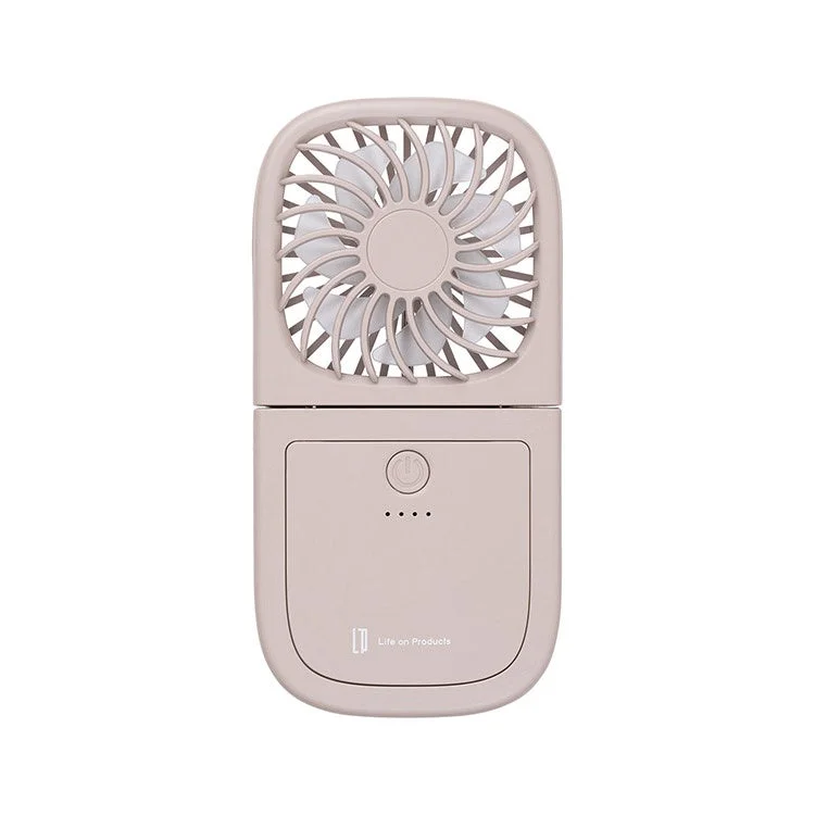 淡いベージュ色の折りたたみ式ハンディファンです。上部に扇風機部分、下部に電源ボタンとバッテリーインジケーターがあり、「Life on Products」のロゴが見えます。コンパクトで持ち運びやすいデザインです。
