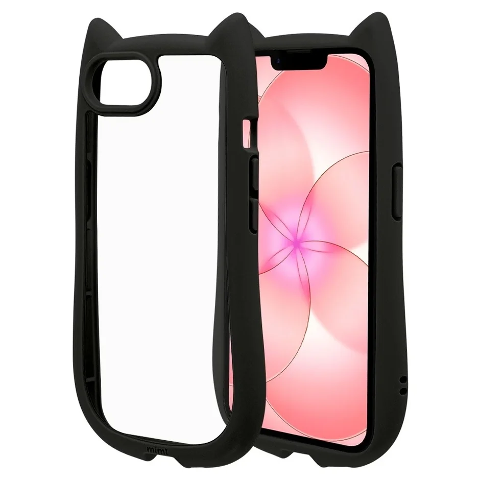 猫耳デザインが特徴的な黒いスマートフォンケースです。一部にスマホが装着されており、画面にはピンク系の花柄の壁紙が表示されています。