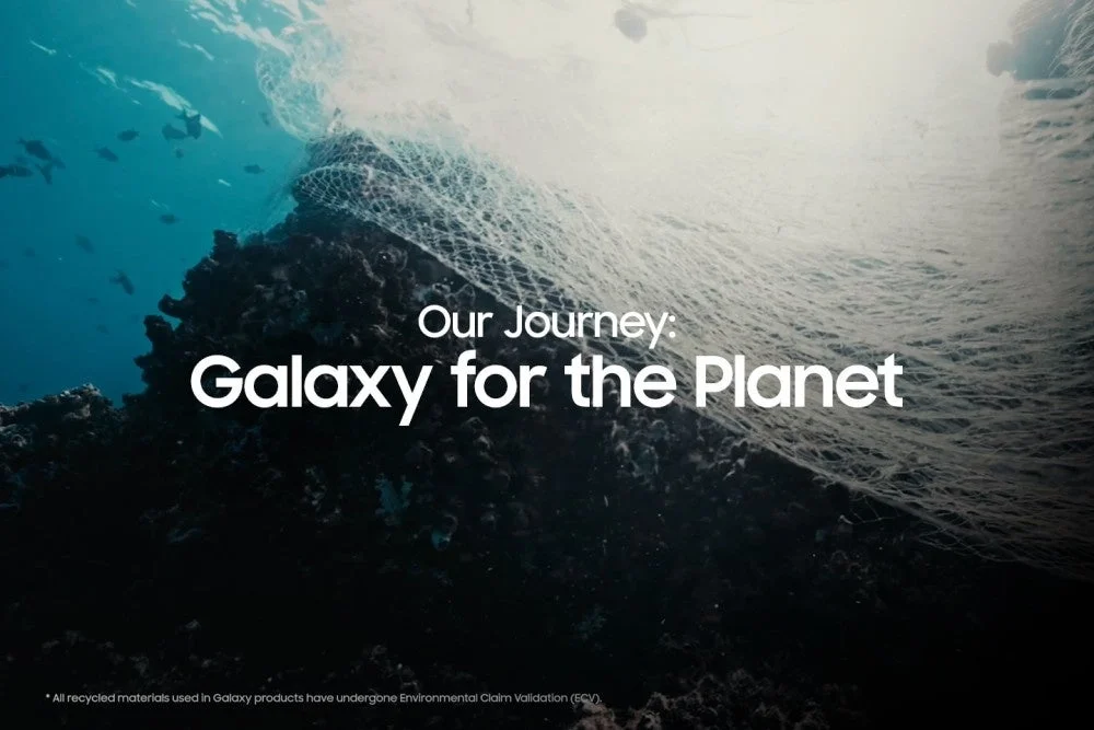 Galaxy for the Planetの取り組みを示す水中と漁網の画像
