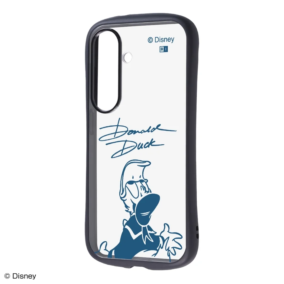 白い背景にドナルドダックのイラストとサインが描かれたスマートフォン用クリアケースです。