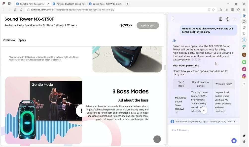 Samsung Sound Tower MX-ST50Fの製品ページとチャットボットの比較が表示されています。ポータブルでバッテリー内蔵、車輪付きのスピーカーで、3種類の低音モードを搭載。チャットではパーティー向けスピーカーの選択が議論されています。