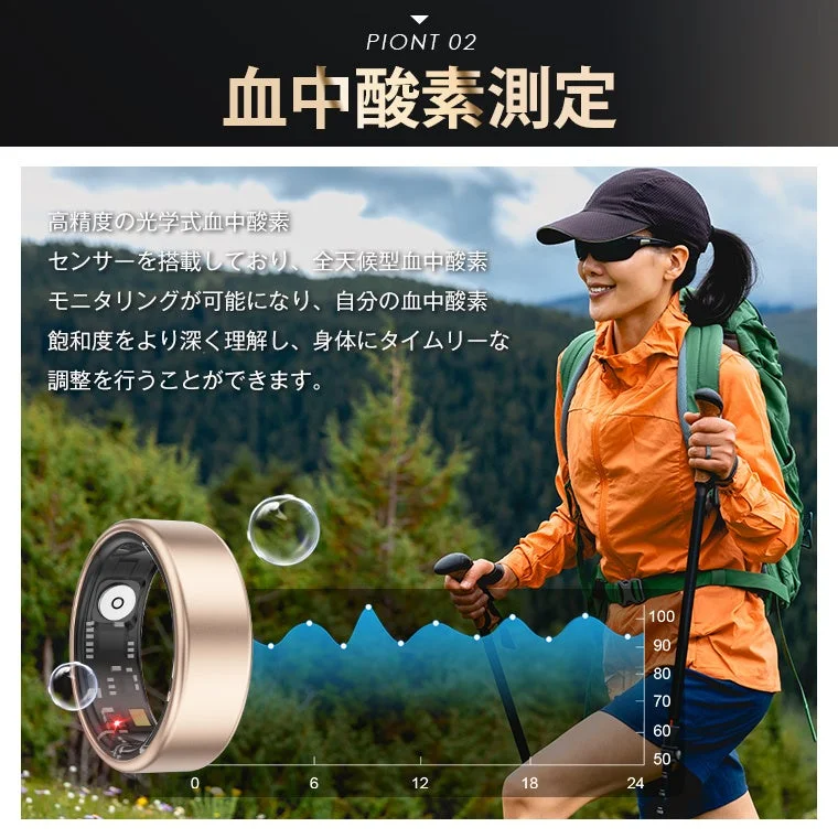 ハイキング中の女性と、血中酸素測定機能を持つスマートリングの広告画像です。高精度光学式センサーによる全天候型モニタリングで、血中酸素飽和度を深く理解し、身体調整に役立つことが説明されています。