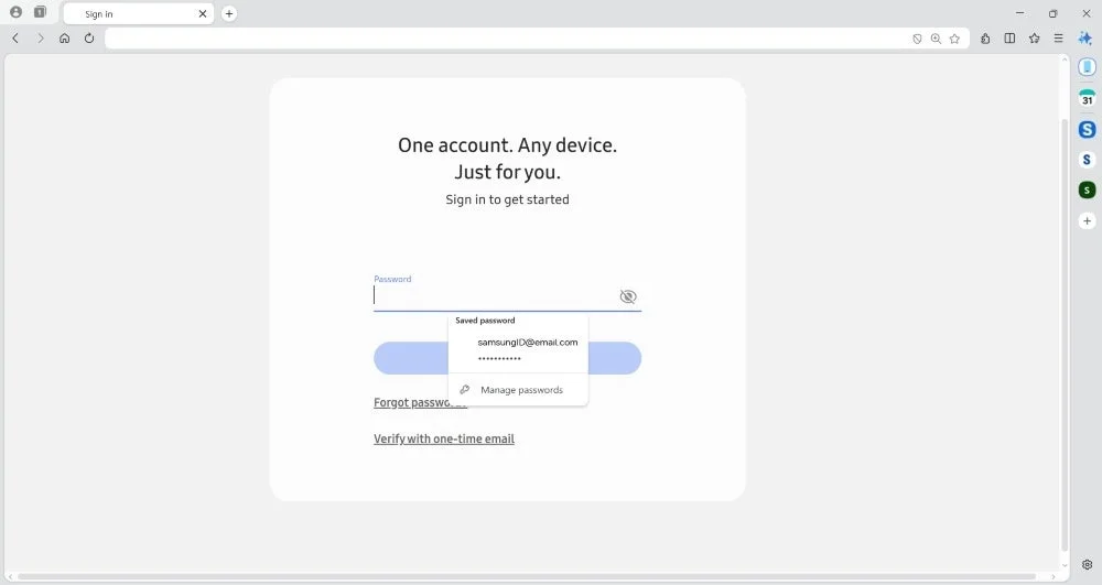 ウェブブラウザに表示されたサインイン画面です。One account. Any device. Just for you.というメッセージがあり、保存されたパスワードの候補(samsungID@email.com)が表示されています。パスワード管理、パスワード忘れ、ワンタイムメール認証のオプションも確認できます。