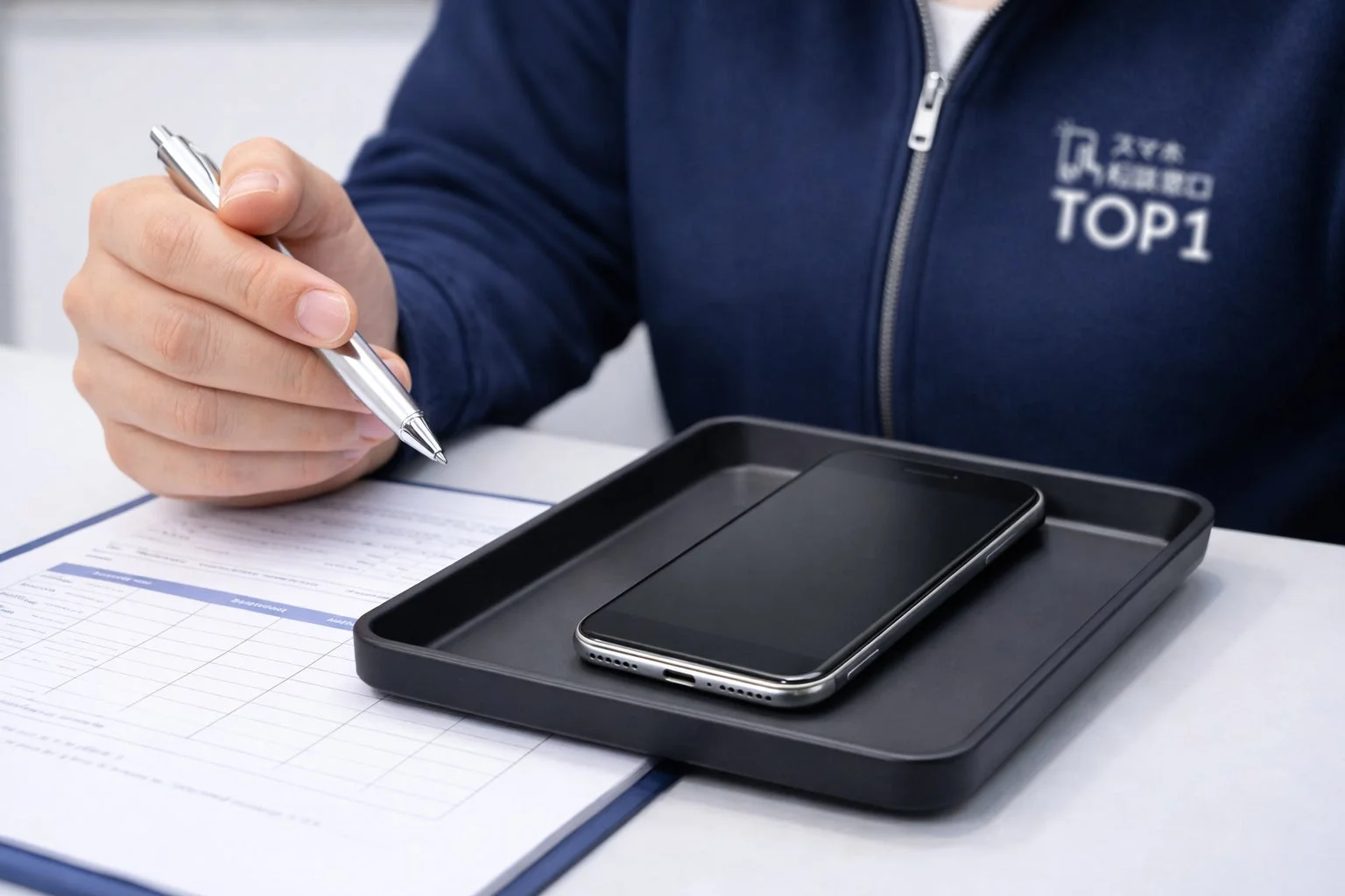 スマートフォン修理店の受付で書類に記入する顧客の様子