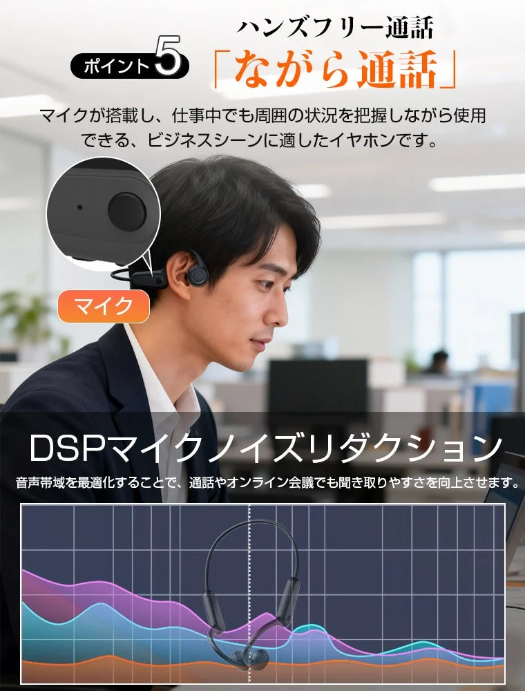 ビジネスシーン向けイヤホンの広告。ハンズフリーで「ながら通話」が可能