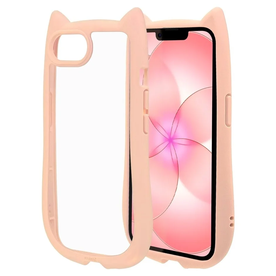 ピンク色の猫耳デザインが特徴的なスマートフォンケースです。ケースに装着された状態のスマホが写っており、画面にはピンク系の花柄壁紙が表示されています。