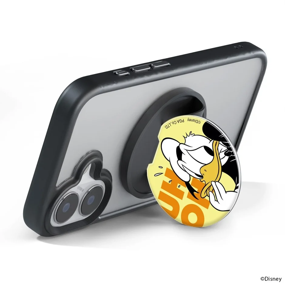 ドナルドダックが描かれたスマホグリップが取り付けられたスマートフォンの画像です。
