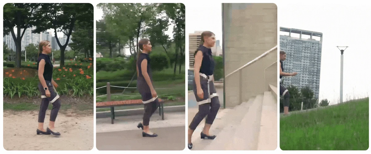 屋外で歩行補助具を装着した女性