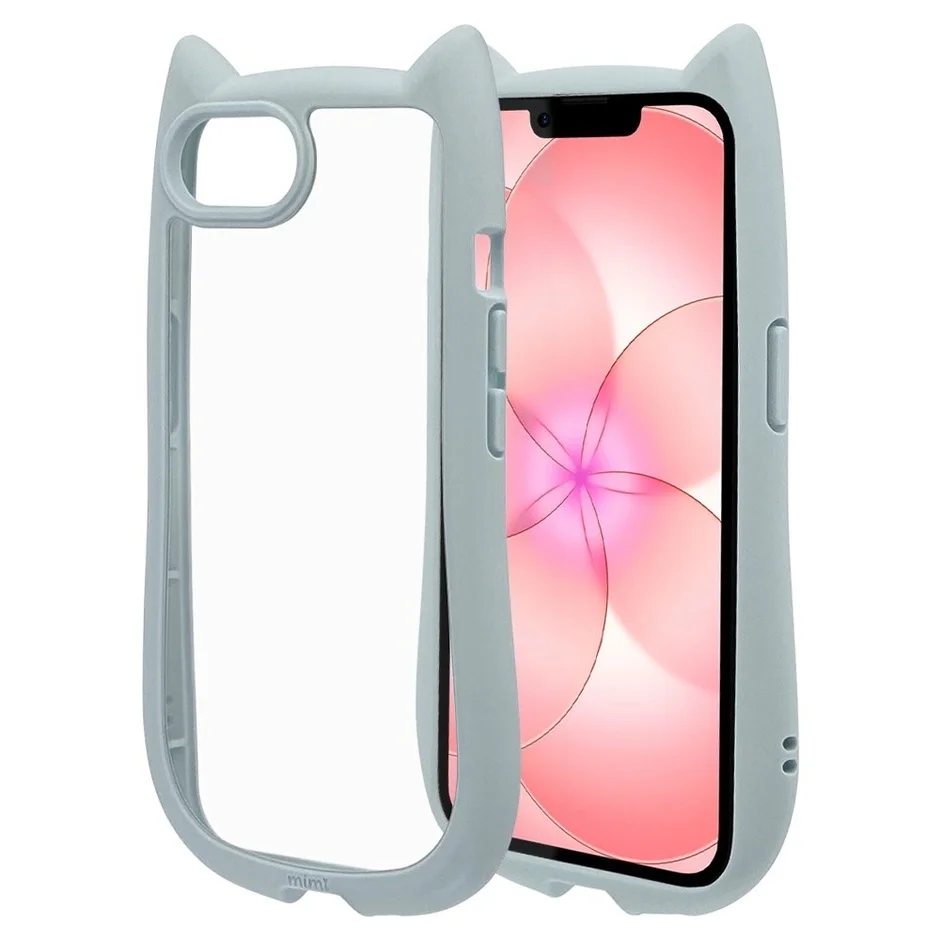 猫耳デザインが特徴的な水色のiPhoneケースです。シリコン製で、デバイスを衝撃から守る保護カバーとして機能します。画面にはピンクの抽象的な模様が表示されており、かわいらしい印象を与えます。