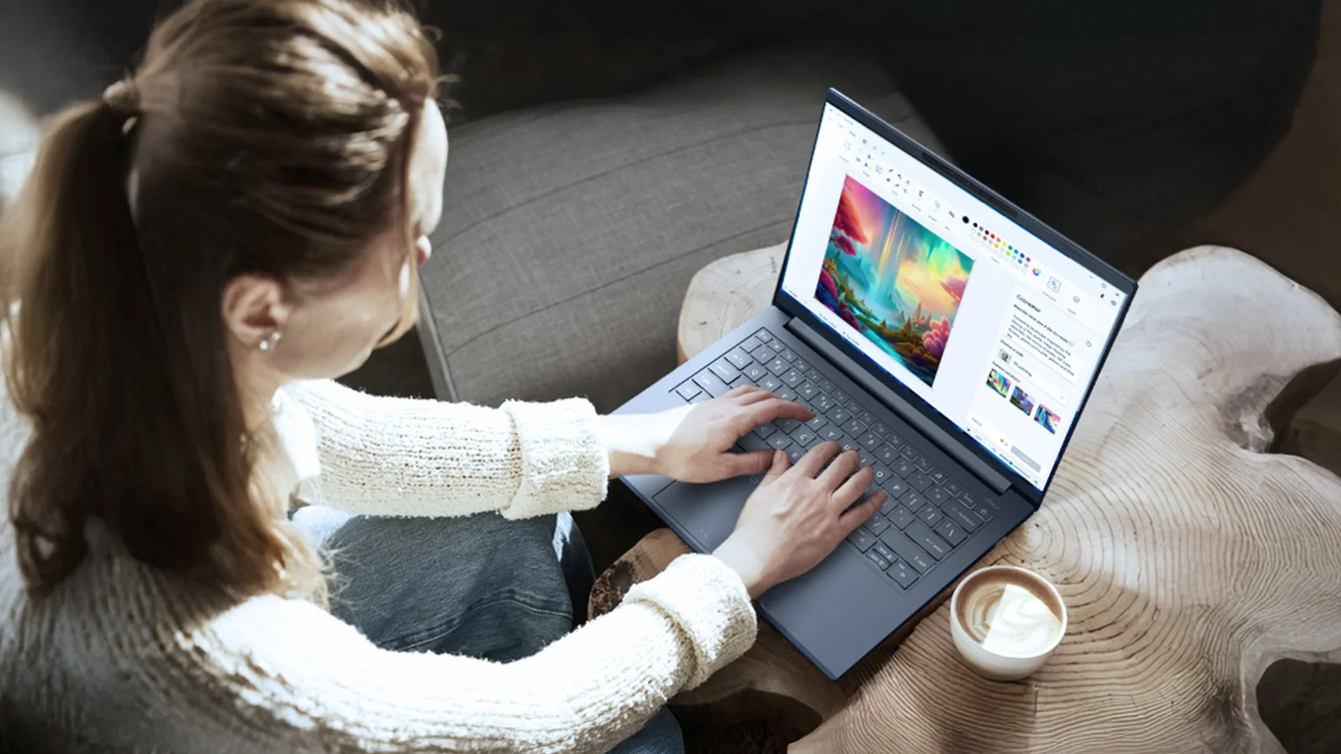 ノートパソコンでクリエイティブ作業をする女性