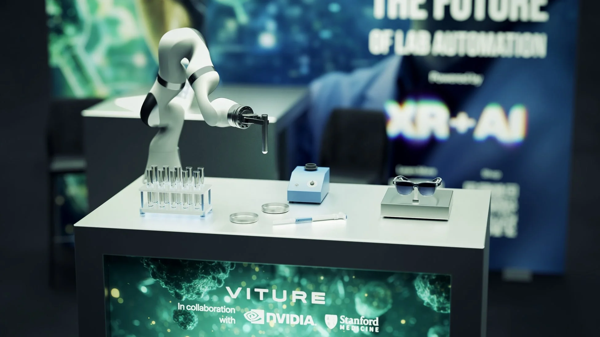 未来のラボ自動化をテーマにした展示ブース。ロボットアームや試験管などが並び、AIやXR技術が融合した科学研究の進化を示唆しています。VITURE、NVIDIA、Stanford Medicineの協業も強調されています。