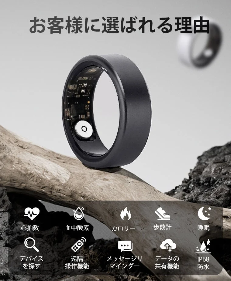 スマートリングの機能性を紹介する広告画像です。心拍数、血中酸素、カロリー、歩数、睡眠などの健康管理機能に加え、デバイス検索、遠隔操作、メッセージ通知、データ共有、IP68防水といった多様な特長がアイコンと共に示されています。