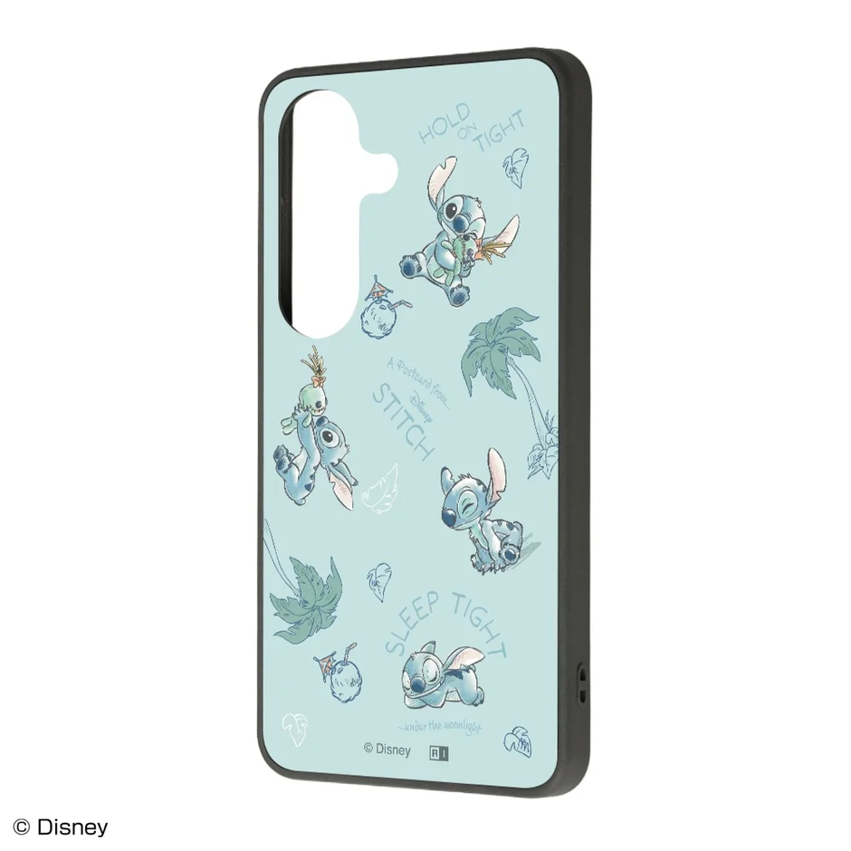 水色のスマートフォンケースで、ディズニーキャラクターのスティッチが様々なポーズで描かれています。