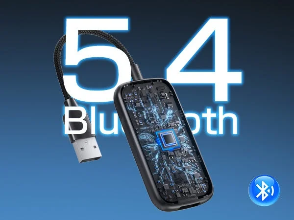 Bluetooth 5.4に対応したUSBアダプターの製品画像です。デバイス内部の回路基板と青く光るチップが強調され、最新のワイヤレス通信技術を示唆しています。青い背景とBluetoothロゴが特徴的です。