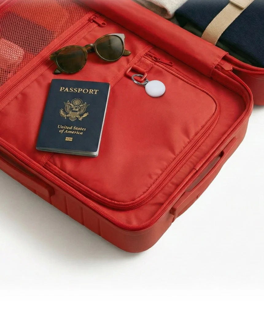 赤いスーツケースにパスポートとトラッカー