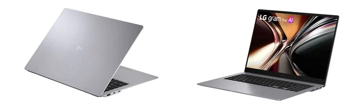 シルバーのLG gram Pro AIノートパソコンが開いた状態と背面からの2つのアングル