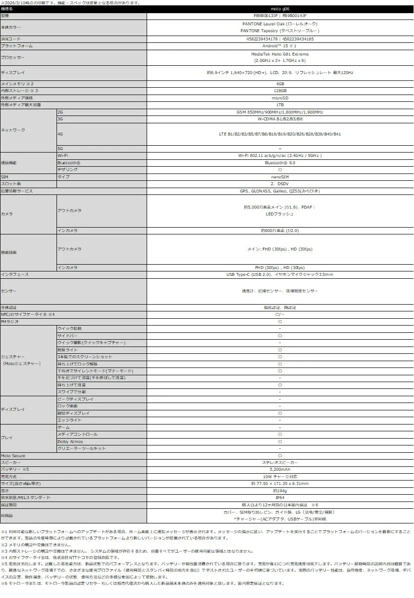 moto g06製品仕様