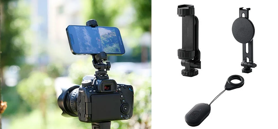 一眼レフカメラにスマートフォンをマウントして屋外で撮影している様子と、撮影に便利なスマートフォンホルダーやリモートシャッターなどのアクセサリーが写っています。
